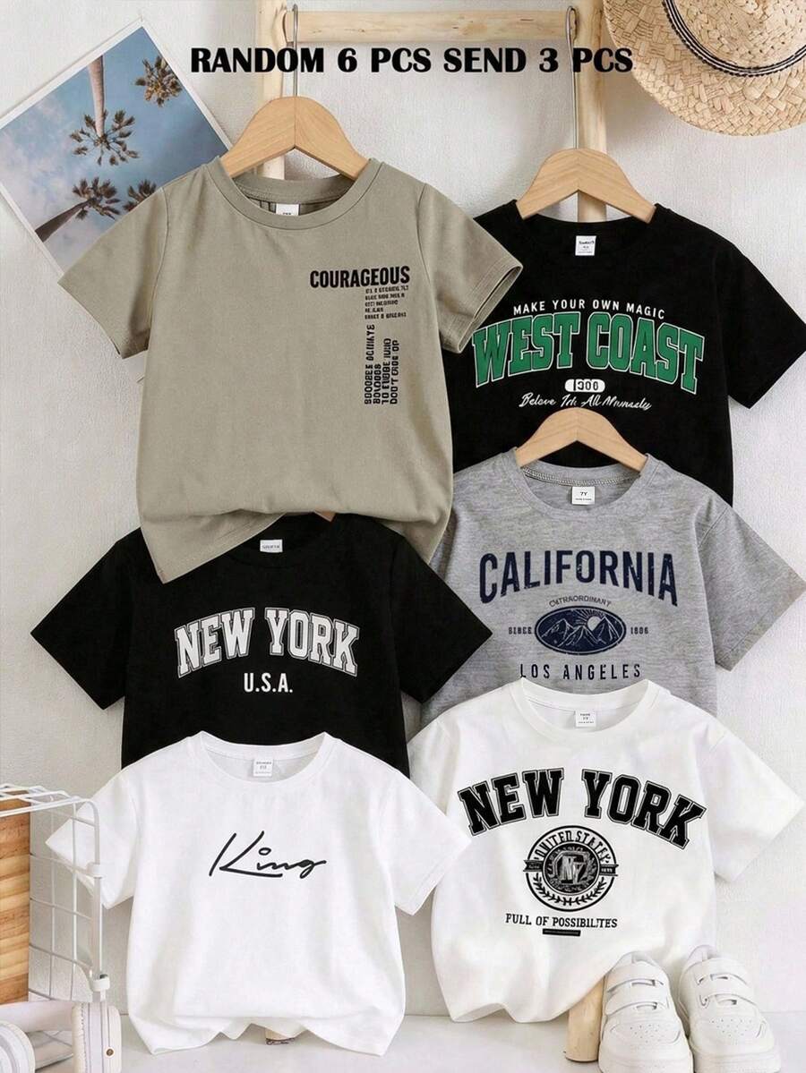SHEIN Kids 3pcs Young Boys Casual Letter Print Round Neck Pullover Knit T-Shirt Set, 3 Styles, Suitable For School And Outings In Spring And Summer