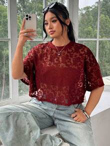 SHEIN EZwear 大尺碼女款花卉網紗圓領短袖寬鬆上衣 - 紅色 - 查看 4