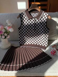 Comfortcana Women's Equestrian Preppy Retro Vintage 70s 80s Embroidered Plaid Contrast Color Knit Vest And Pleated Mini Skirt 2 Pieces Set Shades Of Brown Autumn - Brown - View 1