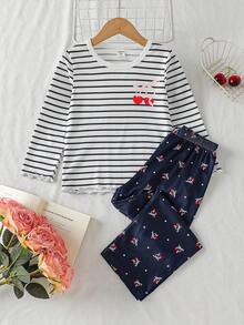 SHEIN Genkimix Kids 女童櫻桃印花條紋長袖上衣與長褲家居服套裝 - 藍白色 - 查看 1