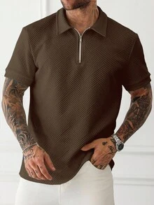 Manfinity Homme Men's Solid Color Short Sleeve Zipper Design Casual Commute Polo Shirt - Coffee Brown - View 4