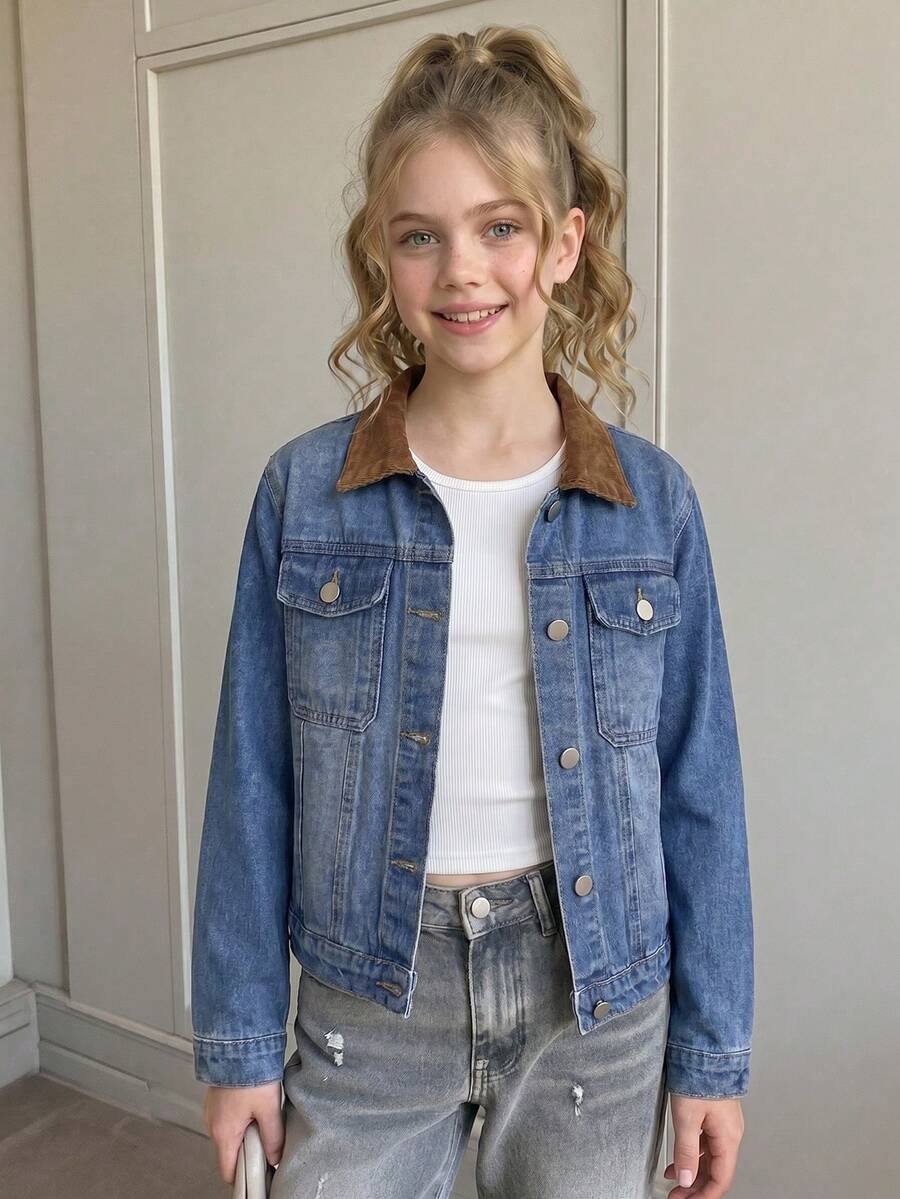 Girls' Denim Jacket, Soft Cotton, Fashionable, Versatile, Loose Fit, Comfortable, Minimalist, Classic All-Match Style, Contrast Color Collar Patchwork, Front Cargo Pocket Design, Loose Fit, Deep Blue Snow Wash Denim Jacket, Suitable For Daily Wear And Vacation - Blue - View 1