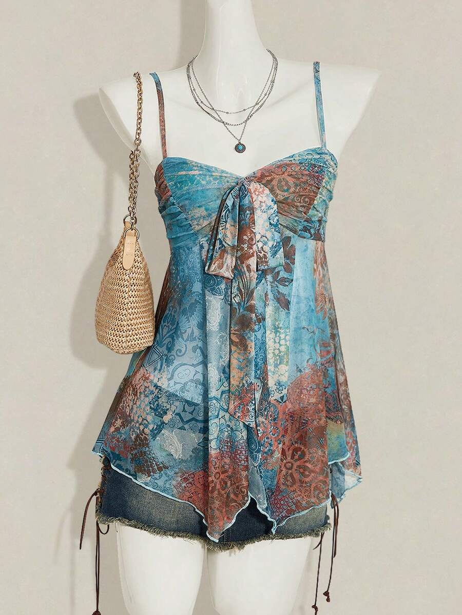 SHEIN ICON Women's Green Floral Print Mesh Camisole Tank Top, Casual Vacation Style - Multicolor - View 1