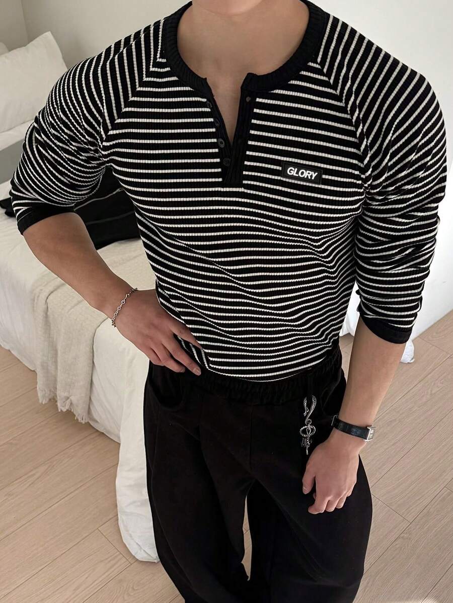 DAZY Camiseta de manga larga con diseño de rayas y botones tipo raglán para hombre, otoño - Multicolor - Ver 1