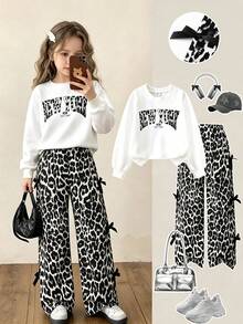 Tween Girls Letter Print Crew Neck Sweatshirt & Leopard Bow‑Decor Wide Leg Pants 2‑Piece Outfit, Casual Fashion Matching Set For Daily Back To School - Multicolor - View 1