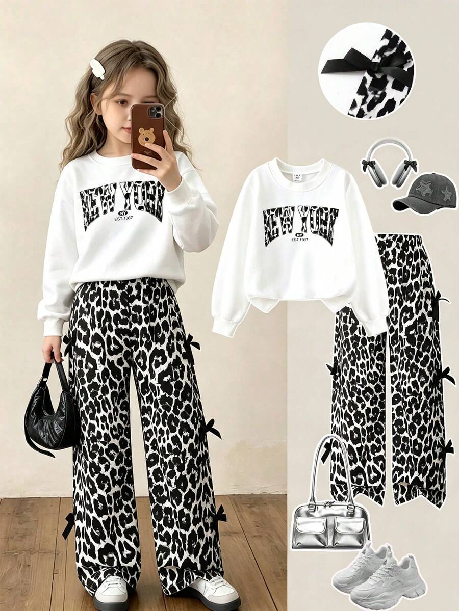 Tween Girls Letter Print Crew Neck Sweatshirt & Leopard Bow‑Decor Wide Leg Pants 2‑Piece Outfit, Casual Fashion Matching Set For Daily Back To School - Multicolor - View 1