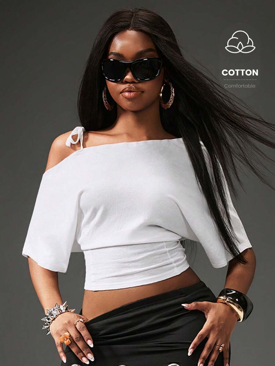Vadaroq Women's All-Season Concert Outfit Rave Outfit Y2K Basic Daily Wear Essentials Off The Shoulder Waist-Cinched T-Shirt - White - View 1