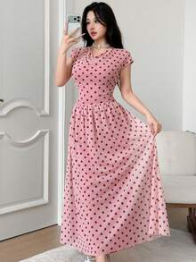 Feyla New French Vintage Polka Dot Cowl Neck Cinched Waist Flared Hem Soft Style Dress - Multicolor - View 8