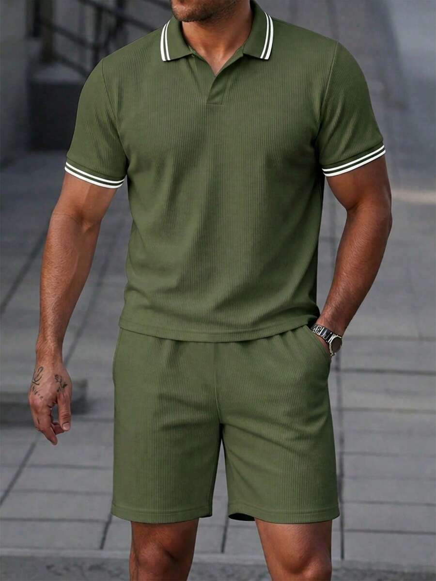 Manfinity CasualCool 春季新款休閒戶外男士運動套裝 短袖T恤與短褲套組,柔軟舒適面料,可機洗,適合健身、戶外運動與日常休閒穿著,可作為男士生日禮物 - 軍綠色 - 查看 1