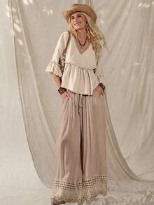Wildy Boho Sexy Western Country Lace Patchwork Women's Spring/Summer Daily Basic Loose Wide Leg Long Pants With Pockets Beach Beige Light Blue - Khaki - View 8