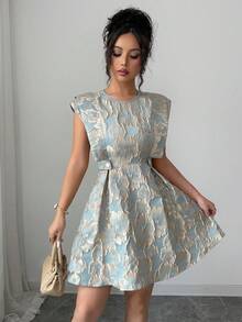 SHEIN Elenzya 优雅浪漫度假通勤派对提花浅绿色浅金色珍珠纽扣无袖女士迷你连衣裙 - 綠色 - 查看 6
