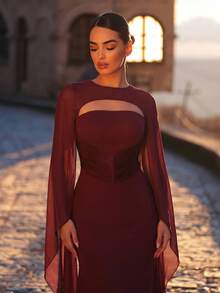 Aureia Elegantes luxuriöses Damen-Abendkleid in Ancara-Rot, elastischer Strick- und Chiffon-Patchwork, handgefaltete Taillendekoration, Meerjungfrau-Schleppe - Kaffeebraun - Übersicht 3