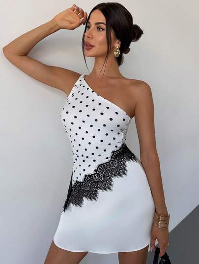 Firerie Top de un hombro con nudo retorcido, estampado de puntos y patchwork de encaje, top de verano