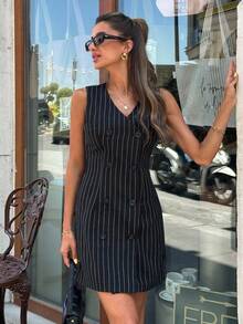 SHEIN 女士纯色口袋纽扣连衣裙 - 黑色 - 查看 8