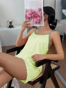 SHEIN 粉色條紋印花細肩帶上衣與短褲睡衣套裝，2件組 - 青檸色 - 查看 6