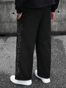 SLATEMANN 男士字母印花抽繩腰寬腿寬鬆休閒運動長褲 - 黑色 - 查看 2