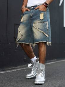 Manfinity EMRG Shorts de mezclilla estilo callejero americano con patchwork, deshilachados y desgastados - Azul - Ver 5
