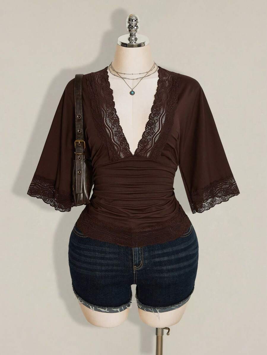 SHEIN ICON Women's Plus Size Retro Sexy Millennial Style Y2K Simple Casual Elegant Commuter Urban Modern Lace P - Brown - View 1