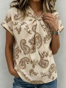 SHEIN Women's Summer Shirt, June Festival, Outdoor Outfit Top, Beach Brunch Vacation, Holiday, Wave Wrinkle Pelis Pattern Print, Beige, Bowknot - Apricot - View 8