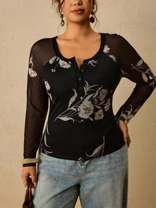 Travachic Damen-T-Shirt in Große Größen, lässig, Vintage, mit Blumenmuster, Mesh, Langarm, Basisschicht, für alle Jahreszeiten geeignet - Schwarz - Übersicht 8