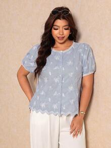 Elaquor Plus Size Women's Floral Embroidered Single-Breasted Short Petal Sleeve Blouse Casual Summer Daily Going Out Blouse Casual Office Business Work Blouse - Blue - View 7