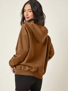 SHEIN BASICS 舒適抓絨落肩拉鍊連帽衛衣，秋冬長袖上衣 - 駝色 - 查看 2