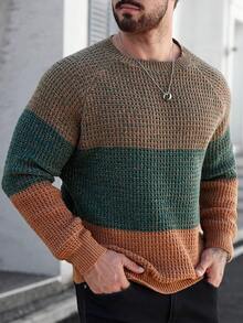Manfinity Homme Men's Plus Size Colorblock Raglan Long Sleeve Casual 80s Sweater Vacation Work Khaki Autumn - Multicolor - View 6