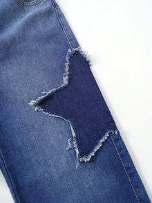 SHEIN Tween女孩新款Y2K粉色拼接星星刺繡牛仔寬腿褲，時尚街頭休閒百搭四季穿著，女孩必備時尚單品 - 藍色 - 查看 9