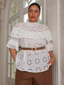 VOLUPTÉ CURVE Damtopp i plus size för vår/sommar, vit, i bomull, med urringning, off-shoulder, volang och korta ärmar, elegant för business, pendling, dejt och semester - Vitt - Visa 8
