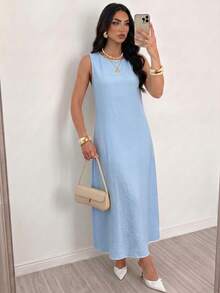 Elenzga Women's Spring/Summer Exquisite Elegant Romantic Casual Baby Blue Bead Bowknot Design Sleeveless Fitted Slim Fit Flared Long Dress Brunch Vacation - Sky Blue - View 5