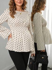 Momance Maternity Polka Dot Top, Shirred Waist, Long Sleeve , Fashionable Versatile Pregnancy, French Retro, Sweet & Spicy Style, Spring/Autumn - Multicolor - View 8