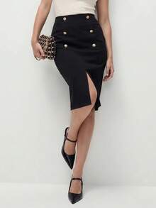 SHEIN Cottnline High Waist Fake Button Split Thigh Skirt - Black - View 1