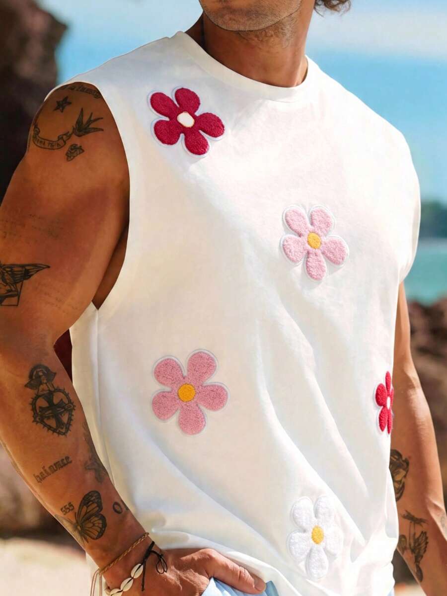 Ocevento 男士海灘度假休閒 3D 花朵貼花圓領背心,父親節禮物,足球 - 白色 - 查看 1