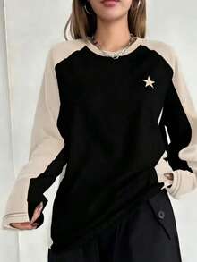 DAZY 拼色插肩袖星星图案 T 恤 Y2k，秋季服装长袖女式上衣 - 黑色 - 查看 4