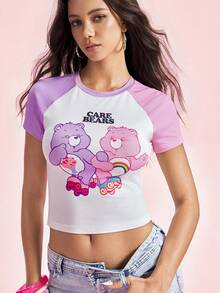 SHEIN X Care Bears Women's Round Neck Letter Cartoon Print Colorblock Slim Fit Versatile Casual Daily T-Shirt - Multicolor - View 7