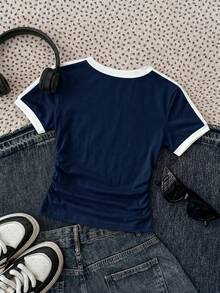 SHEIN Tween Girl Fashionable Minimalist Casual Street Style Ruched Equestrian Print Pink & Green Contrast Color Webbing Trim Cropped Slim Fit Comfortable Round Neck Knit T-Shirt Top Retro Collegiate Colorblock - Royal Blue - View 2