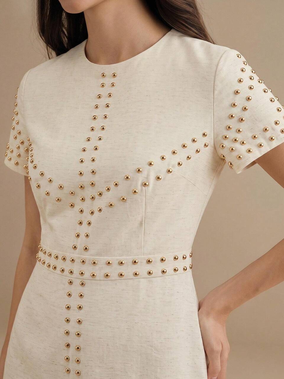 New Women's Summer Mid-Length Beaded Embellished Dress, Premium Minimalist Round Neck Short Sleeve Waist-Defining Dress, Holiday & Party Outfit