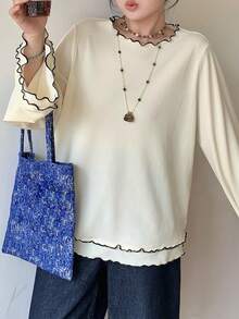 Dazy Plus Plus Size Solid Color Casual Loose Patchwork Double Layer Frill Trim Elegant Versatile Spring Summer Autumn 5-Sleeve T-Shirt Long Sleeve - Apricot - View 4
