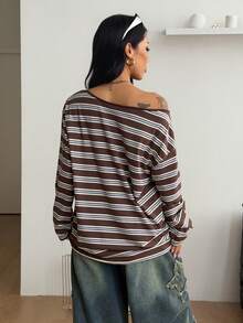 Coolane Women's Autumn Streetwear Casual Vintage Y2K Going Out Night Everyday Daily Wear Graphics Brown Striped Comfortable Asymmetrical Neck T-Shirt - Brown - View 6