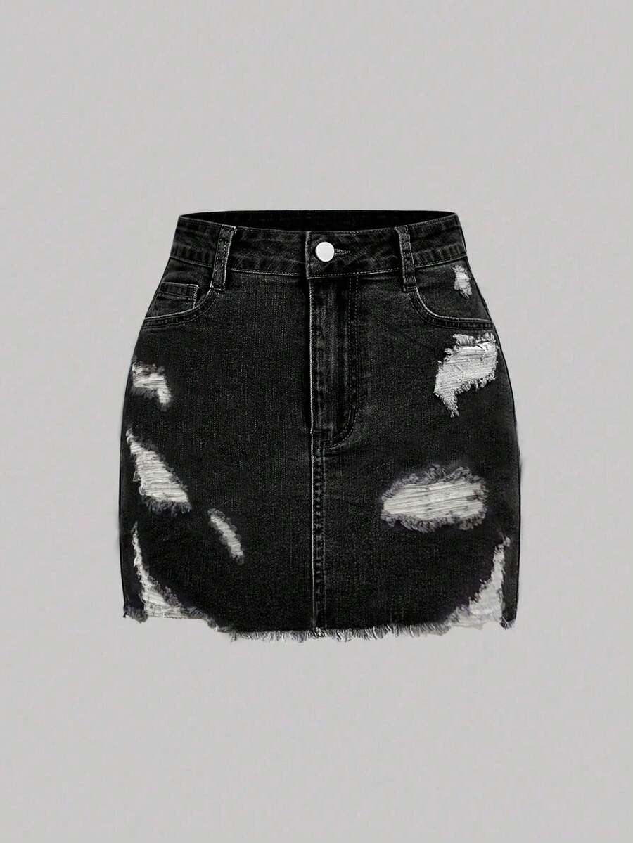 SHEIN MOD Women Pockets Frayed Hem Short Denim Skirt - Black - View 1