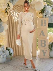 Loomaby Maternity Solid Color Pleated Metal Decor Casual Party Babyshower Photoshoot Travel Dress Gender Reveal Wedding Birthday Autumn - Khaki - View 2