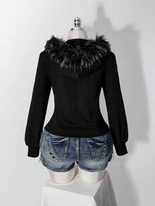 SHEIN ICON 大尺碼女款 Y2K 復古毛領拼接休閒運動外套夾克，附口袋 - 黑色 - 查看 2