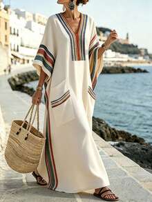 SHEIN LUNE CURVE Plus Size Women's Casual V-Neck Striped Print Loose Long Dress,Autumn Boho Beach Vacation Beach Vacation Holiday Dress White Fall - Apricot - View 3