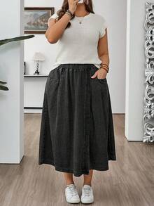 EMERY ROSE EMERY ROSE Plus Size Casual Washed Wrap Denim Skirt - Black - View 6