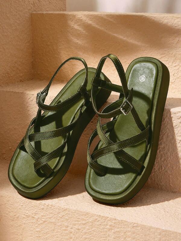 HighSole Sandalias de mujer primavera y verano nuevas con diseño de múltiples correas, espalda cruzada con hebilla, plataforma abierta, estilo simple y versátil, color verde viento, para uso diario, ir al trabajo y compras