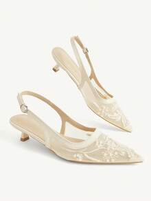CUCCOO CHICEST Women Shoes Multi-Color Mesh Embroidery Beads Pointed Toe Low Heel Back Strap Sandals Gentle Fairy Style Spring And Summer Models Suitable For Wedding - Beige 1 - View 3