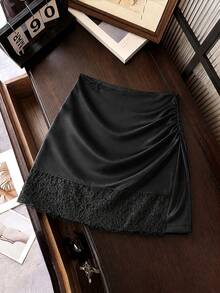 GlowEve CURVE Plus Size Women's Knitted Elastic Shiny Fabric Lace Patchwork Hem Elegant A-Line Skirt,Work Outfits For Women,Office Outfits For Women,Work Wear Women - Black - View 1