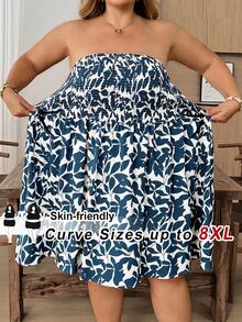 SHEIN CURVE+ 大尺碼休閒度假植物印花抹胸洋裝 - 藍白色 - 查看 7