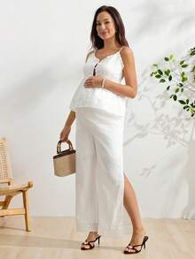 SHEIN 孕婦夏季休閒純色細肩帶背心與開衩長褲哺乳兩件套 - 白色 - 查看 5