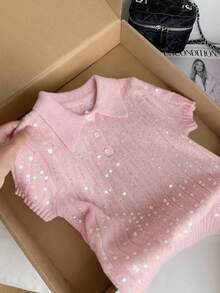 GalTyme Plus Size Sequin Decor Short Sleeve Sweater, Casual For Spring & Summer Fall - Pink - View 1